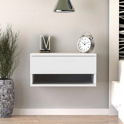 MESITA - White Floating Stand with Shelf & Drawer