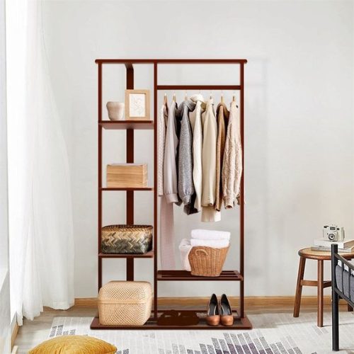 AZAAR - Wooden Cloth Hanging Rack with shelves