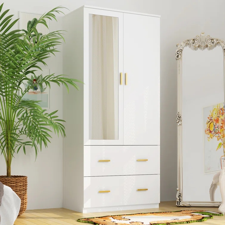 CUBICA - White & Golden Double Door Cupboard with Mirror