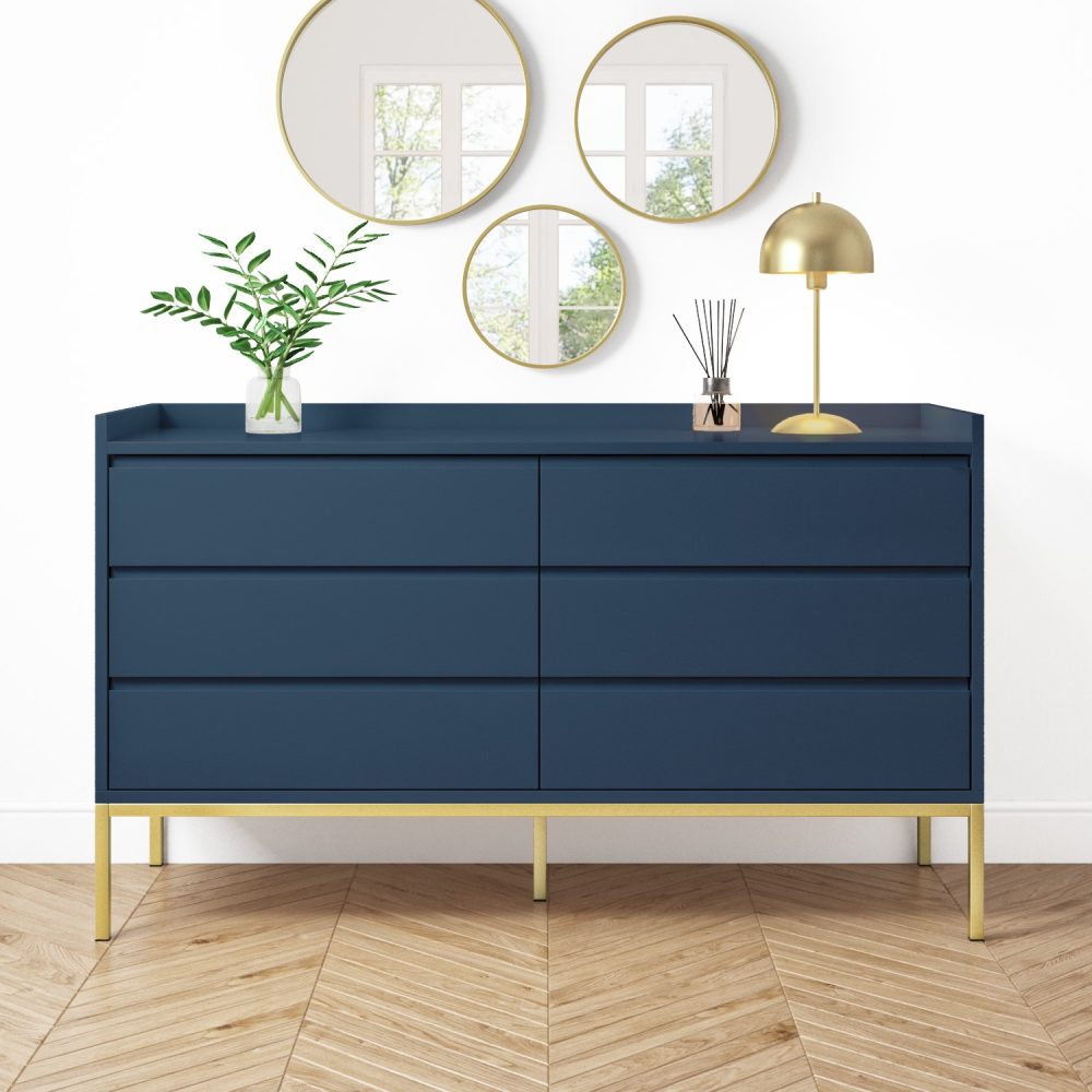 ROY - Navy Blue Wide Drawer Chest with Wrought Iron Base