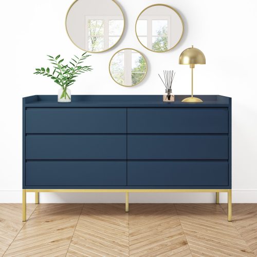 ROY - Navy Blue Wide Drawer Chest with Wrought Iron Base