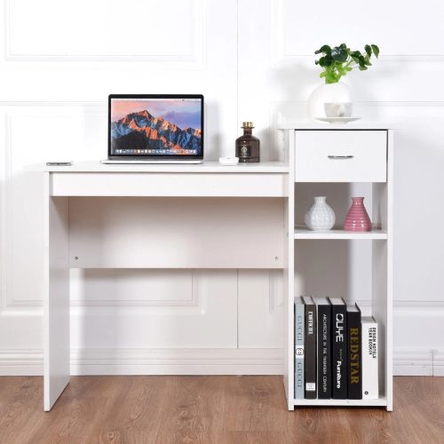 ANGELA - White Writing Table with Open Shelves and Storage Drawers