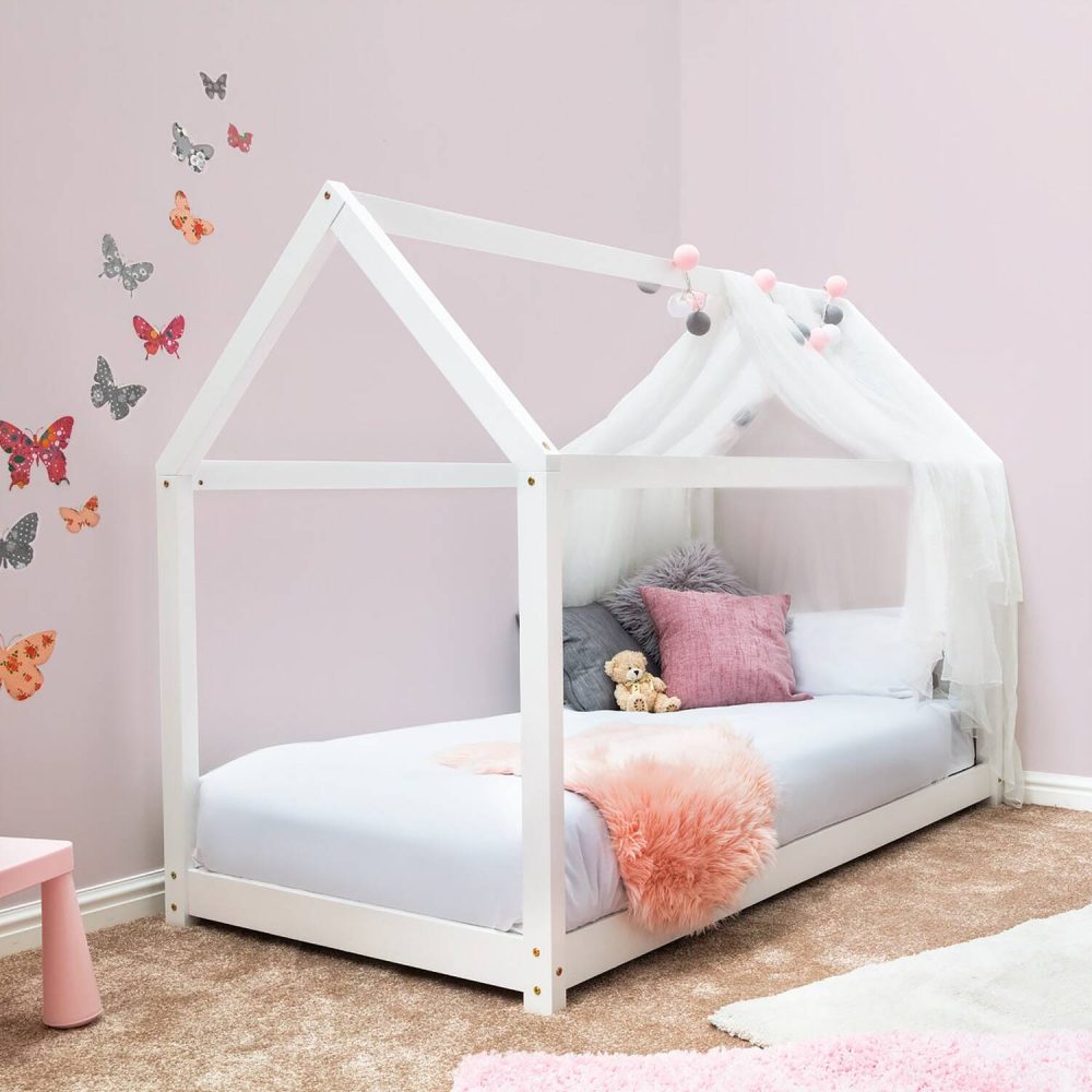 VANDULA - White Kids Bed with Hut Shaped Canopy Style