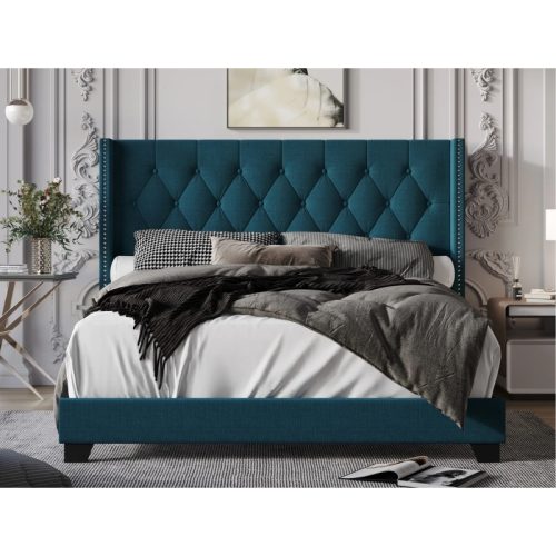JAIME - Teal Blue Velvet Upholstery King Size Bed