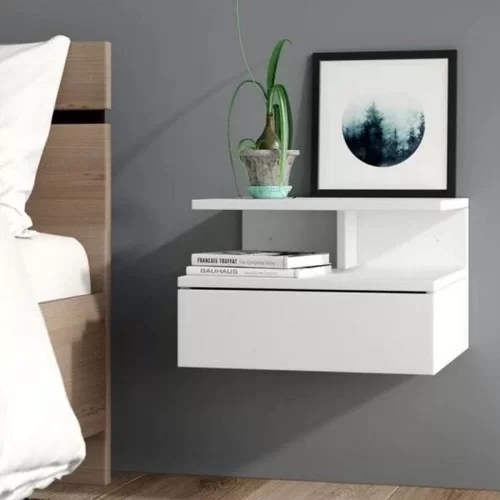 PINE - White Floating Kids Nightstand with Drawer and Open Shelf