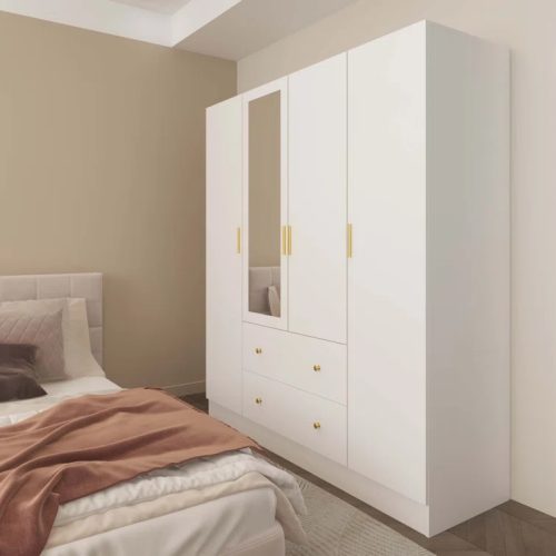 EPNER - Modern White Four Door Wardrobe with Mirror