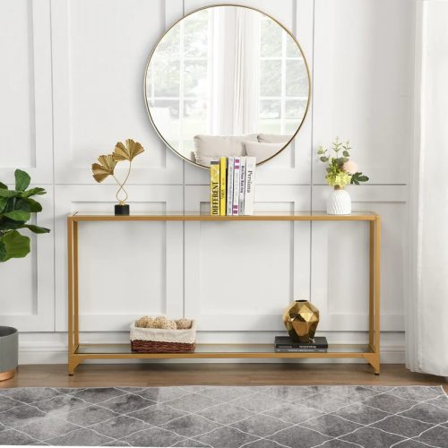 EGAN - Golden Metallic Frame Console Table With Glass Shelves