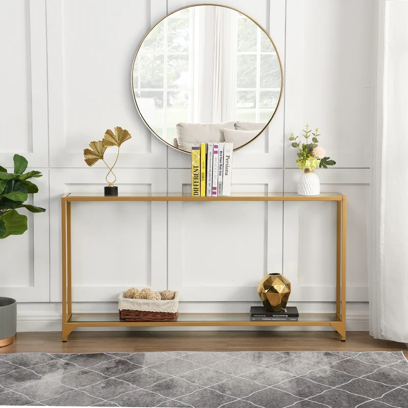 EGAN - Golden Metallic Frame Console Table With Glass Shelves
