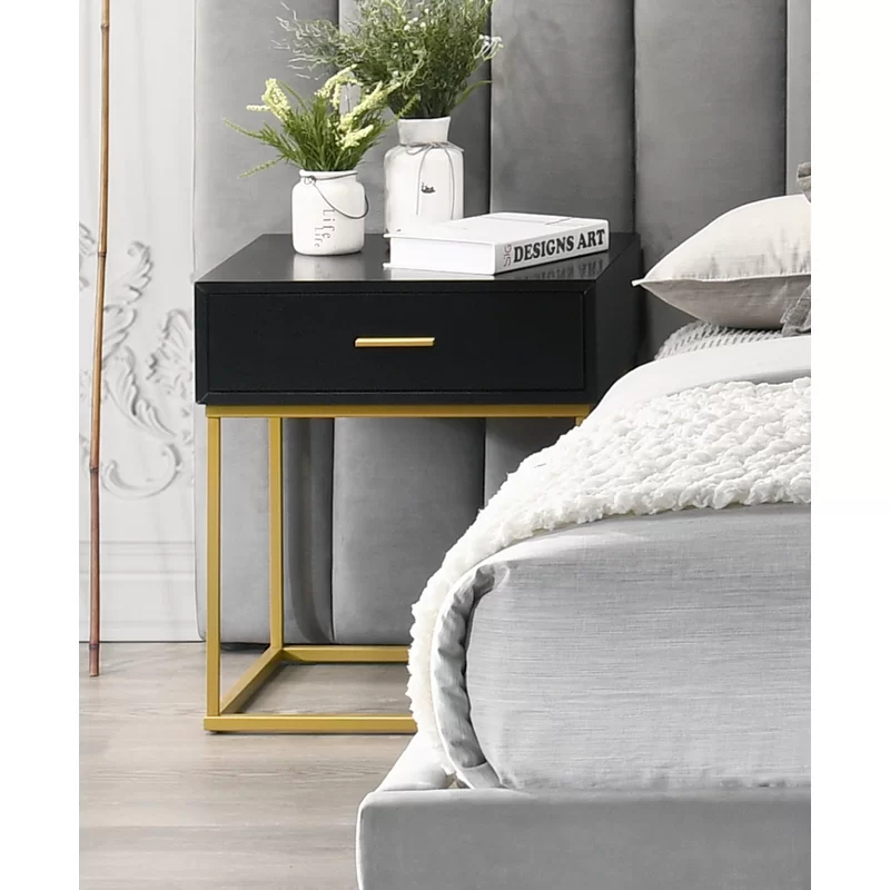 LATA - Black Bedroom Nightstand with Golden Metallic base