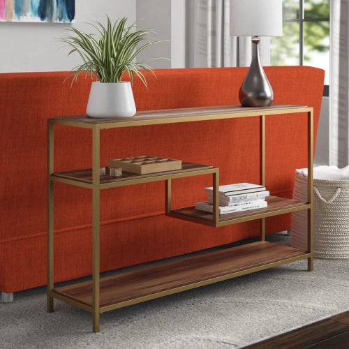 CY - Golden Metallic Frame Console Table with Wooden Shelves
