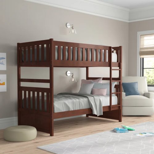 EWING - Brown Traditional Style Bunk Bed with Long Guardrails & Ladder