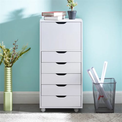 BERAT - White Five Drawer Side Dresser with Wheels