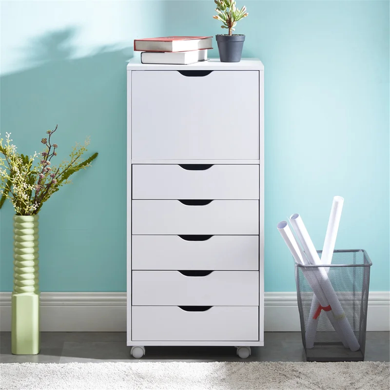 BERAT - White Five Drawer Side Dresser with Wheels