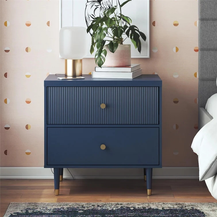 MARINA - Blue Carved Drawer Bedside Table