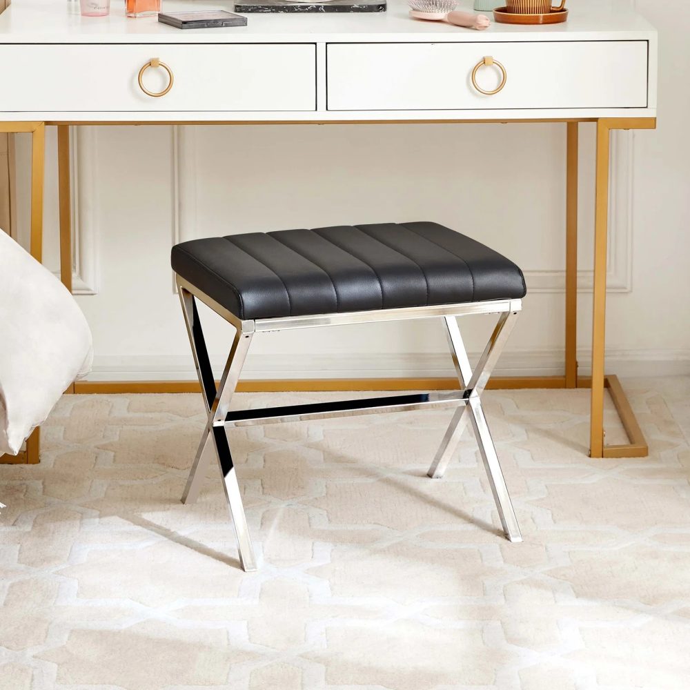 ENOV - Black Cushioned Vanity Stool with Stainless Steel X-style Frame