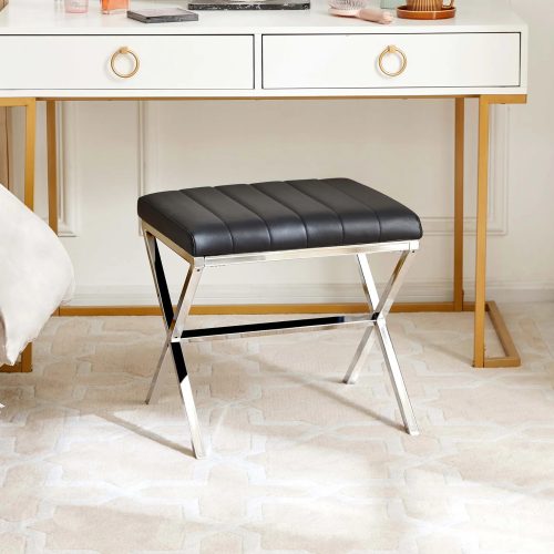 ENOV - Black Cushioned Vanity Stool with Stainless Steel X-style Frame