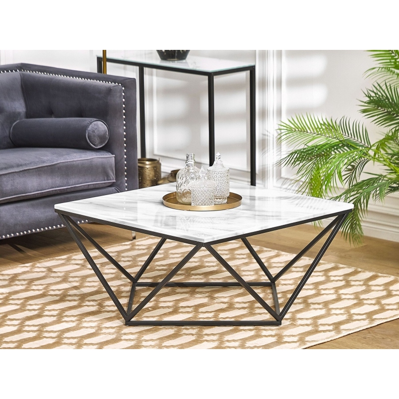 MARMORE - Marble Top Coffee Table with Geometric Metal Base