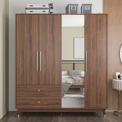 SCOOBS - Brown Four Door Wardrobe with Mirror