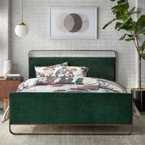 BASU - Green Velvet & Golden Metallic Frame Queen Size Bed