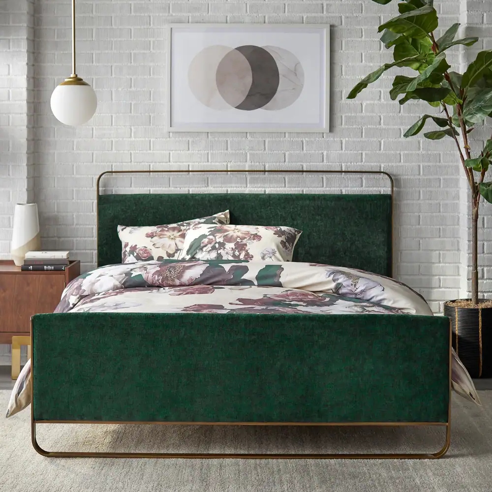 BASU - Green Velvet & Golden Metallic Frame Queen Size Bed