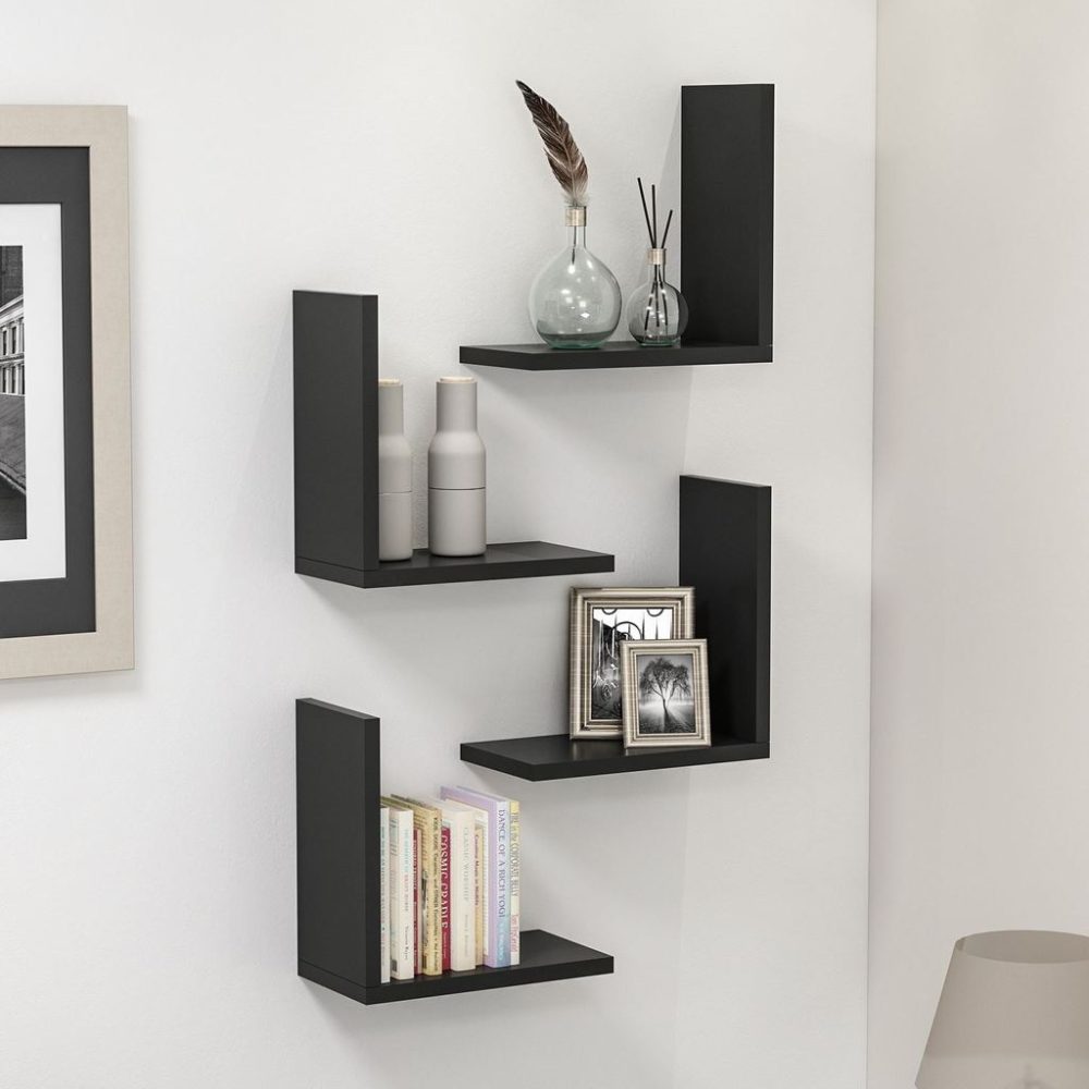 Stacy Modern L - Shaped DIY Wall Floating Shelves Black