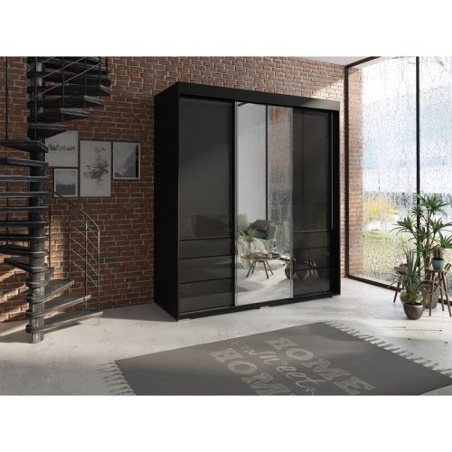 PRETA - Modern Triple Door Black Wardrobe with Mirror