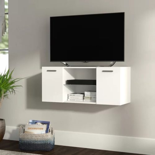 GREENYLE - White Compact wall-mounted TV Console with a Glass Shelf