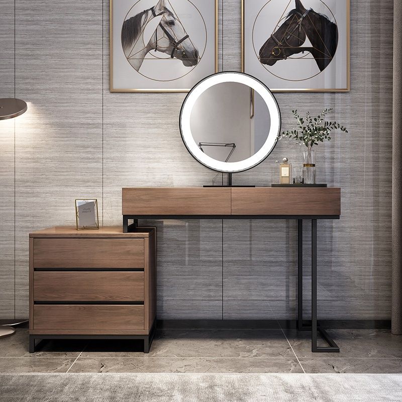 MUSE - Walnut Brown Modern Vanity Table with Powder-coated Black Metallic Base
