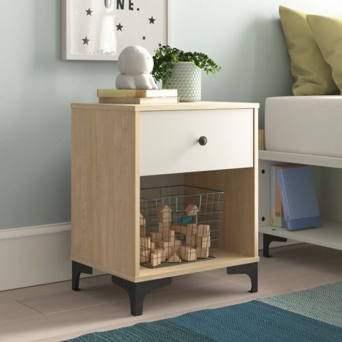 KORAL - Oak Brown & White Kids Nightstand with Open Shelf