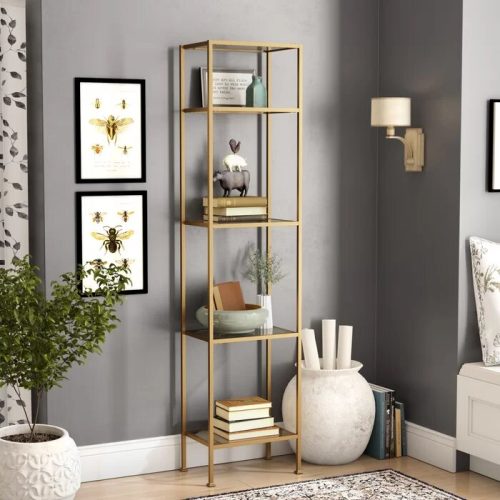COSCIFY - Golden Metallic Frame Bookcase with Glass Shelves