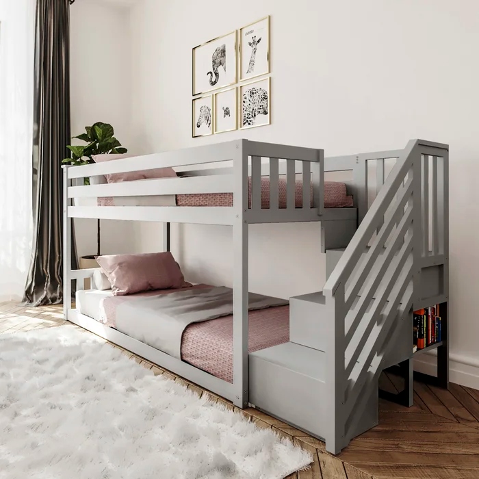 TWEEK - Twin Over Twin Bunk Bed with Staircase and Handrails