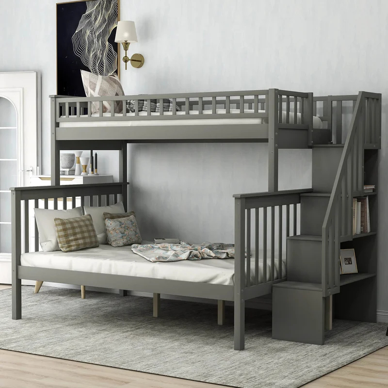 ESME - Grey Bunk Bed with Side Shelves