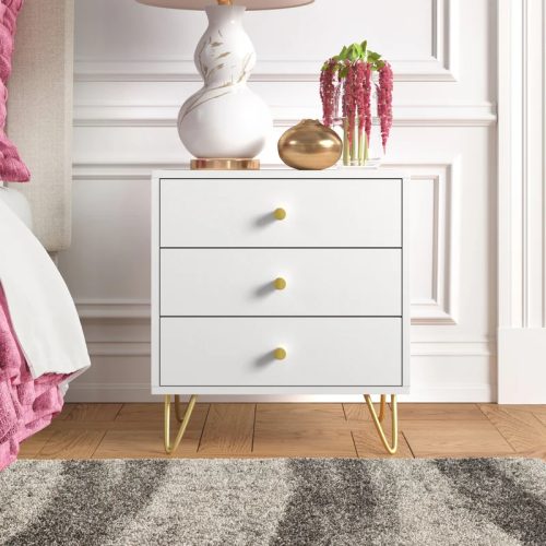 MARGARETA - White Nightstand with Golden Hairpin Legs