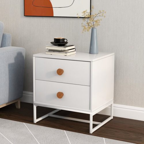 ALIYAH - White Double Drawer Metallic Base Nightstand