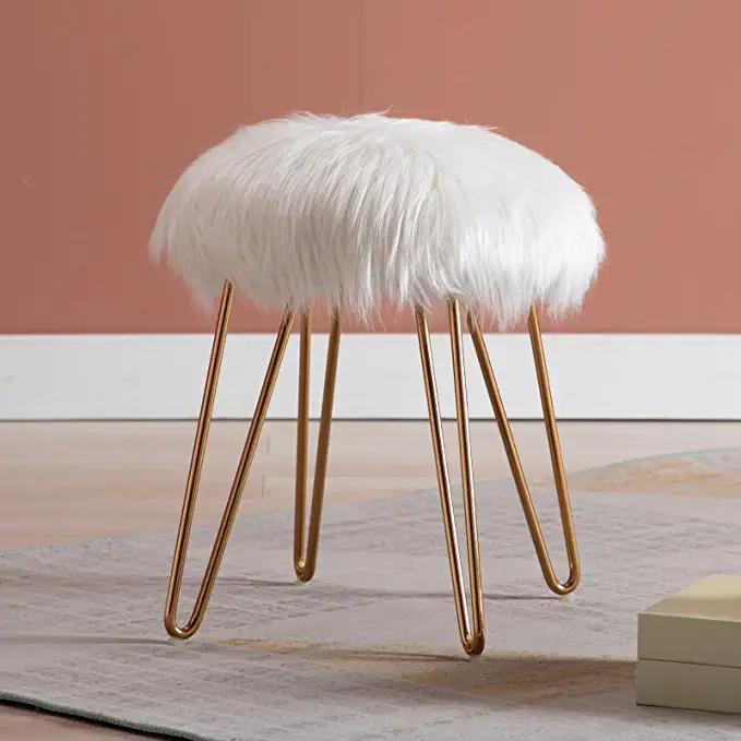 EREN - Faux Fur Round Vanity Stool with Hairpin Legs