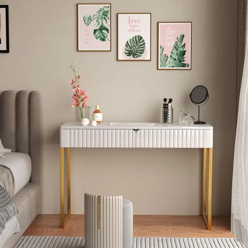 BRU - White Vanity Desk with Wave Carving Drawers