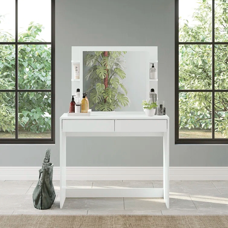 AZK - White Dual Drawer Sleek Vanity Table