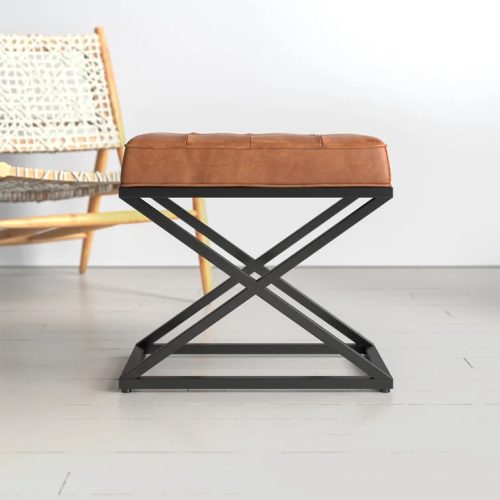 BENZ - Brown Faux Leather Vanity Stool with Metallic X shaped Frame