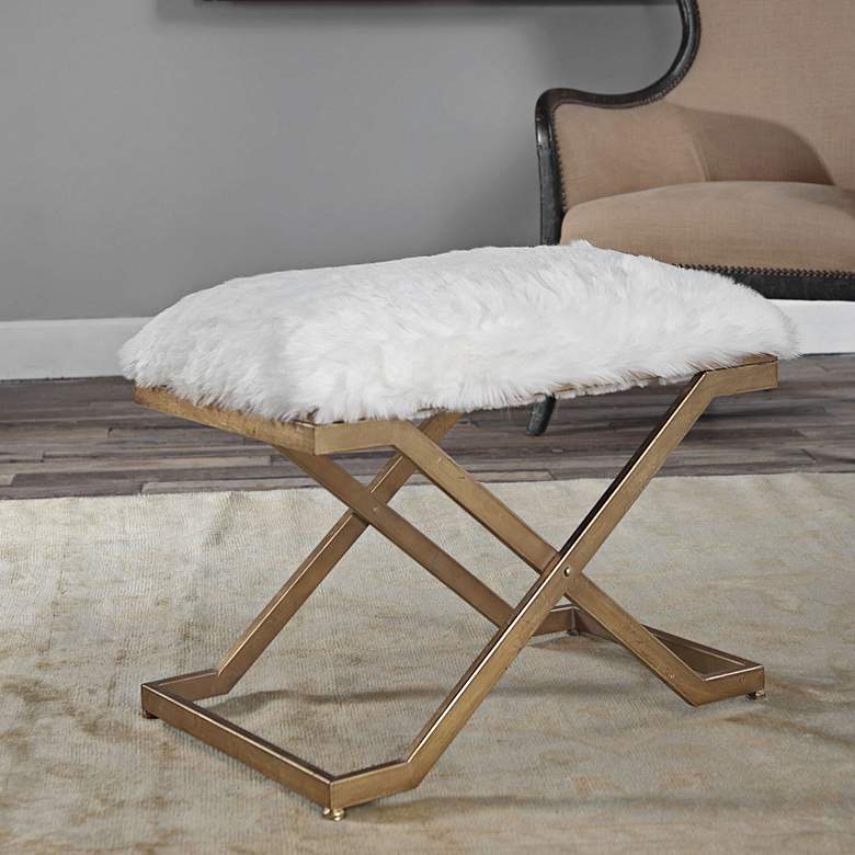 FURRY - White Fur Seat Vanity Stool with Metallic X-style Frame