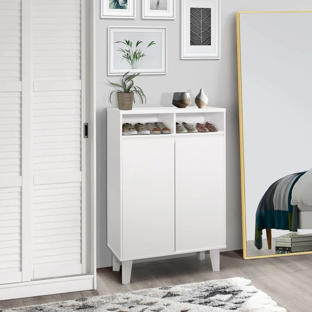 WEILER - White Shoe Storage Cabinet with Open Shelves