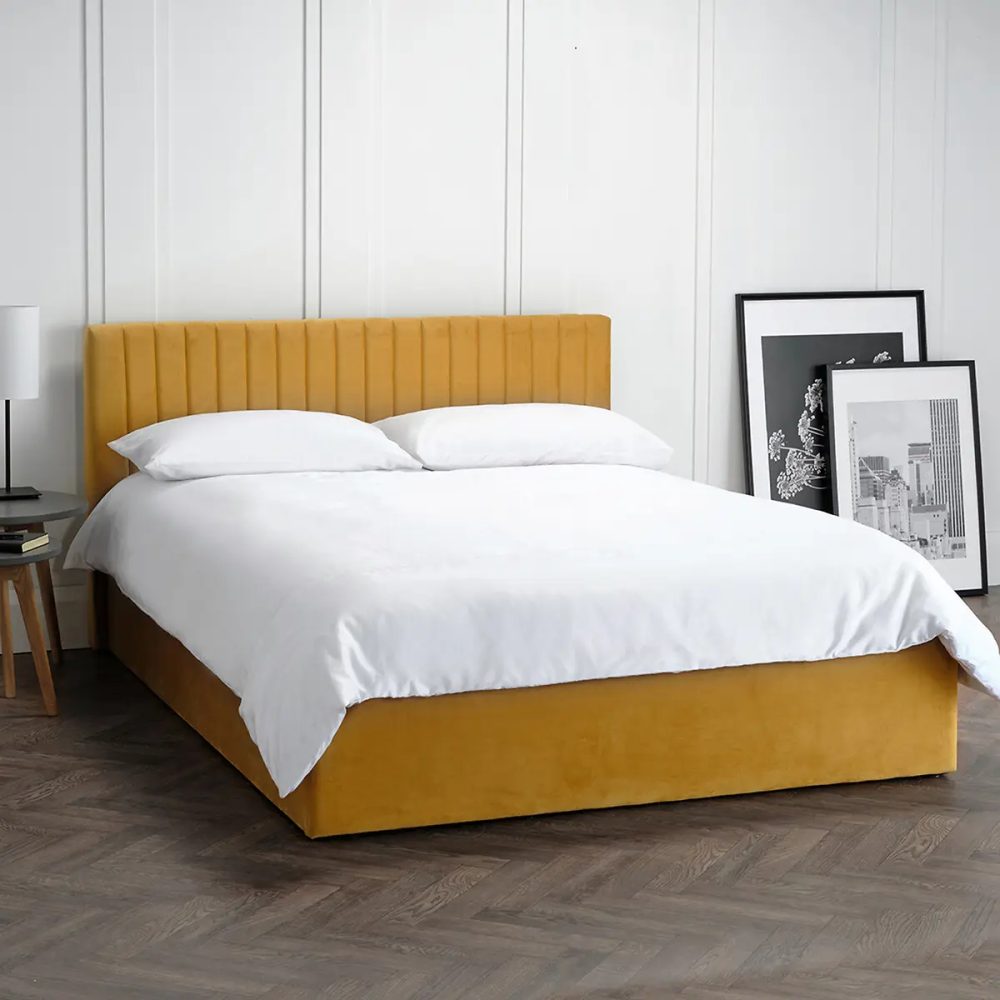 TANER - Mustard Velvet upholstery Queen-Size Bed