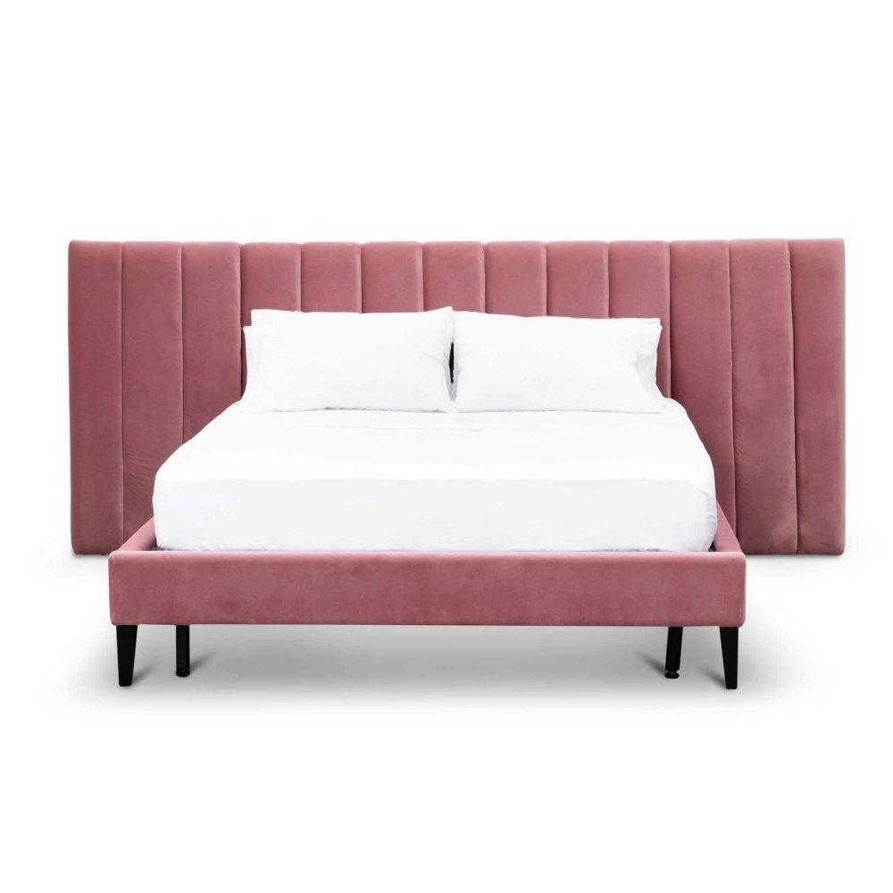 KHIZER - Pink Velvet Upholstery King Size Bed