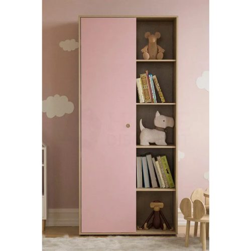 HENLO - Oak Brown & Pink Single Door Kids Wardrobe