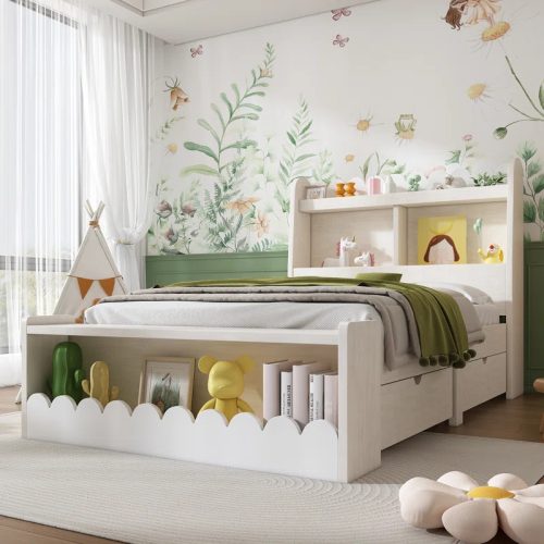 LOVI - White Kids Bed With Two Drawers & Bookshelves