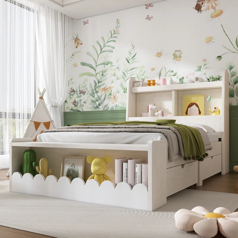 LOVI - White Kids Bed With Two Drawers & Bookshelves