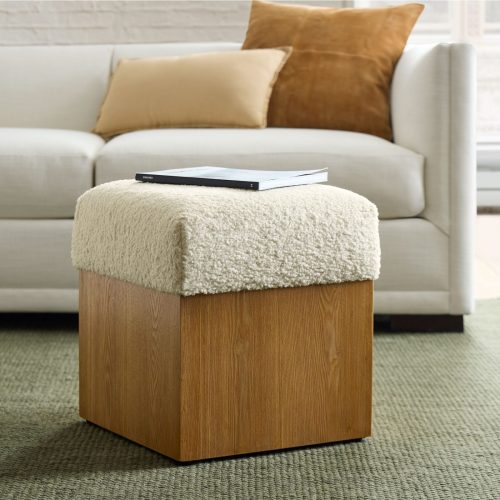 CUBRO - Modern Design White & Oak Brown Square Ottoman Stool