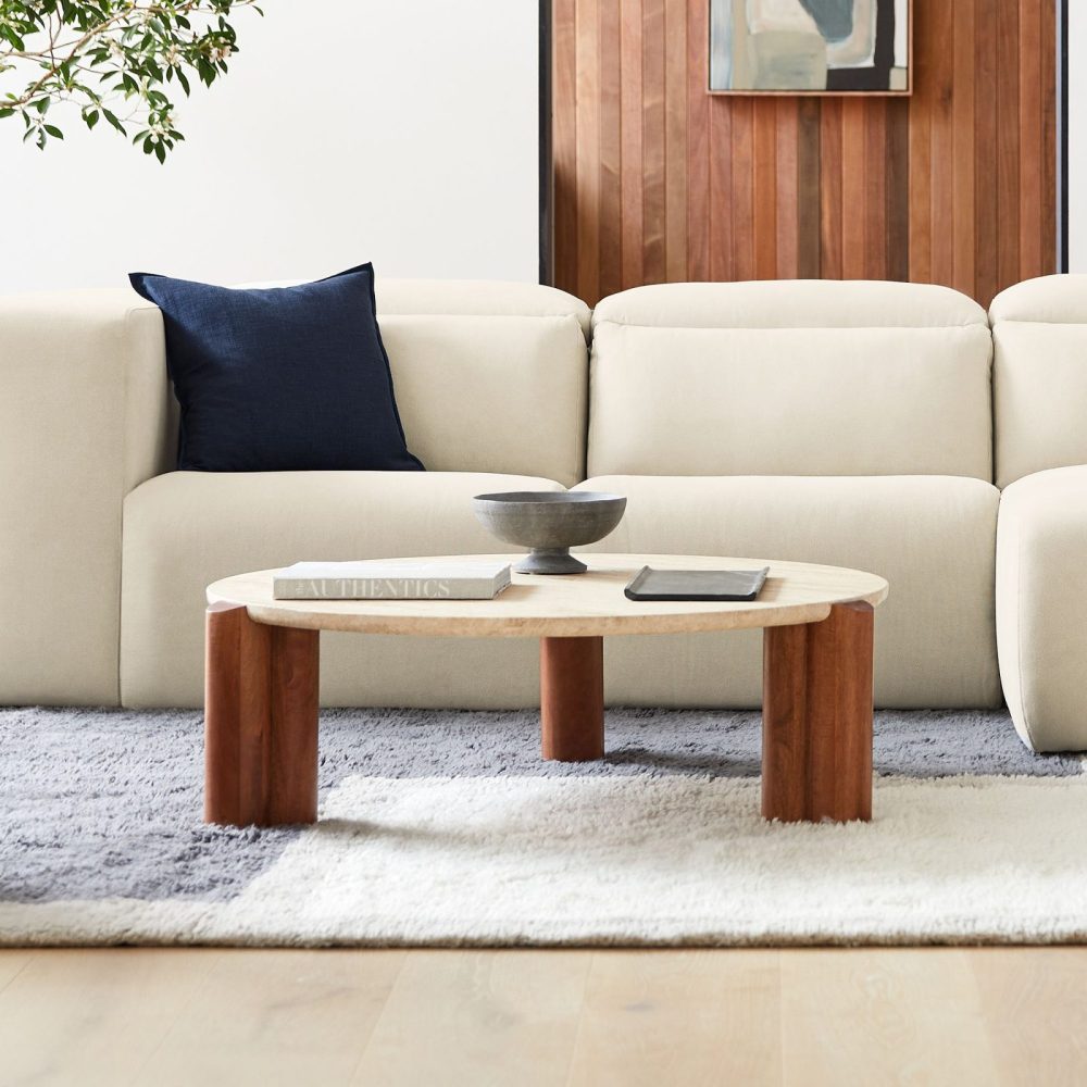 SUNG - Mid Century Round Travertine Coffee Table