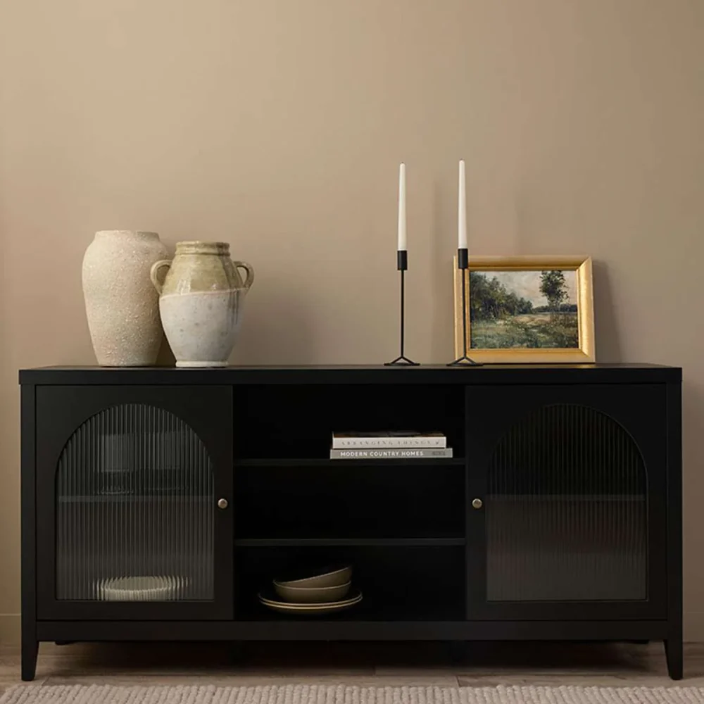 VIKA - Classic Style Black Sideboard with Fluted Glass Doors