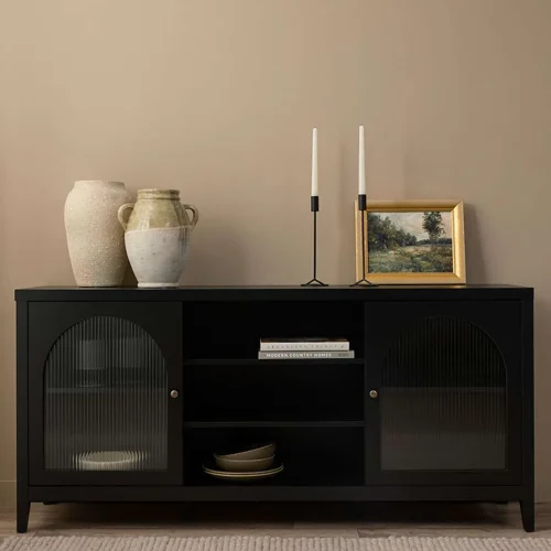 VIKA - Classic Style Black Sideboard with Fluted Glass Doors