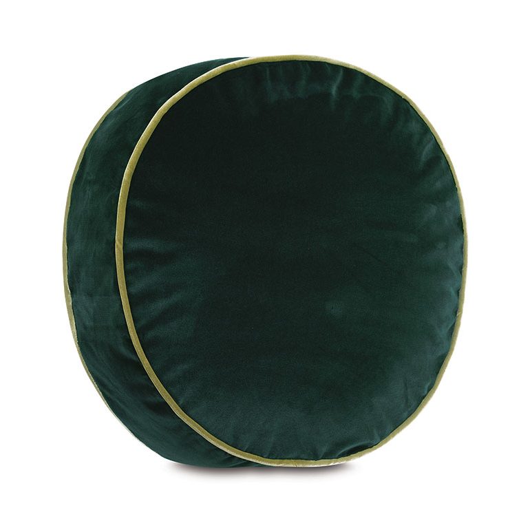 Disc Velvet Cushion in Emerald Green with Mint Green Piping